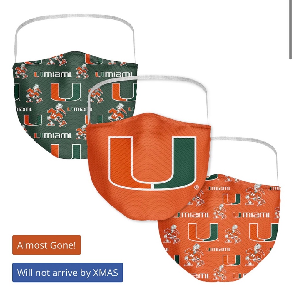 Miami U hurricanes set of three masks brand new